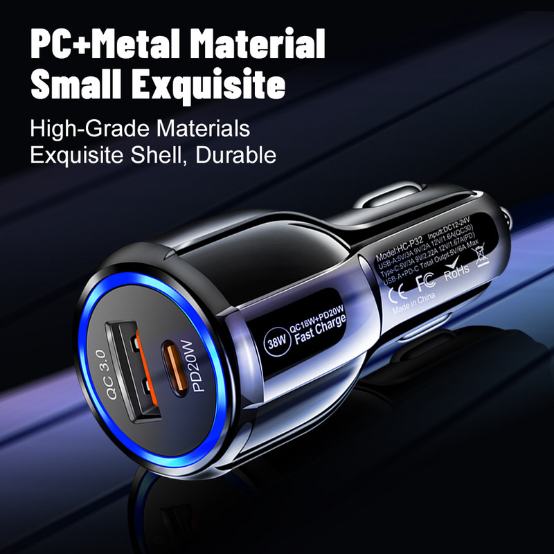 2023 Нова 38W бързо зарядно запалка QC 3.0+PD 20W бързо зареждане за кола за IPhone Samsung Xiaomi адаптер за бързо зареждане зарядно за телефон