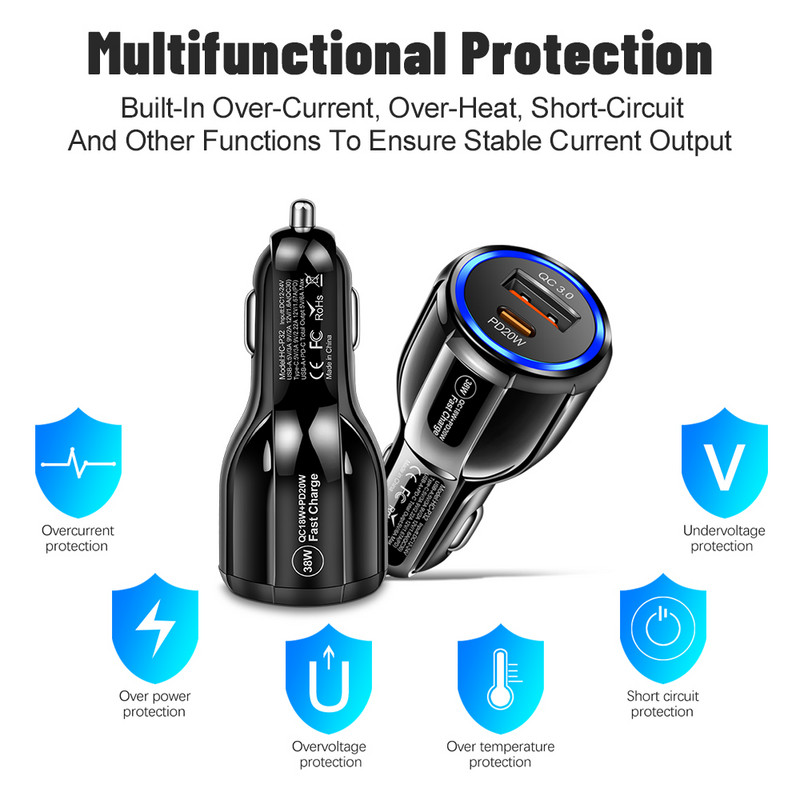 2023 Нова 38W бързо зарядно запалка QC 3.0+PD 20W бързо зареждане за кола за IPhone Samsung Xiaomi адаптер за бързо зареждане зарядно за телефон