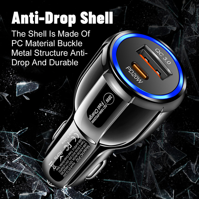 2023 Нова 38W бързо зарядно запалка QC 3.0+PD 20W бързо зареждане за кола за IPhone Samsung Xiaomi адаптер за бързо зареждане зарядно за телефон