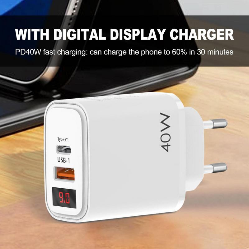 Mobiiltelefoni seinalaadijad USB C laadija kahe pordiga PD 40 W toiteplokiga pistiklaadija adapter LED-ekraaniga telefoni kiireks jaoks