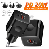 Προσαρμογέας γρήγορου φορτιστή PD 20W QC 3.0 USB Type-C για iPhone Φορτιστές κινητών τηλεφώνων γρήγορης φόρτισης Samsung ΗΠΑ/ΕΕ/ΗΒ Τυπική πρίζα