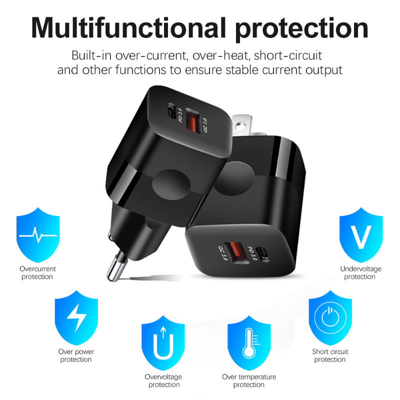 Προσαρμογέας γρήγορου φορτιστή PD 20W QC 3.0 USB Type-C για iPhone Φορτιστές κινητών τηλεφώνων γρήγορης φόρτισης Samsung ΗΠΑ/ΕΕ/ΗΒ Τυπική πρίζα