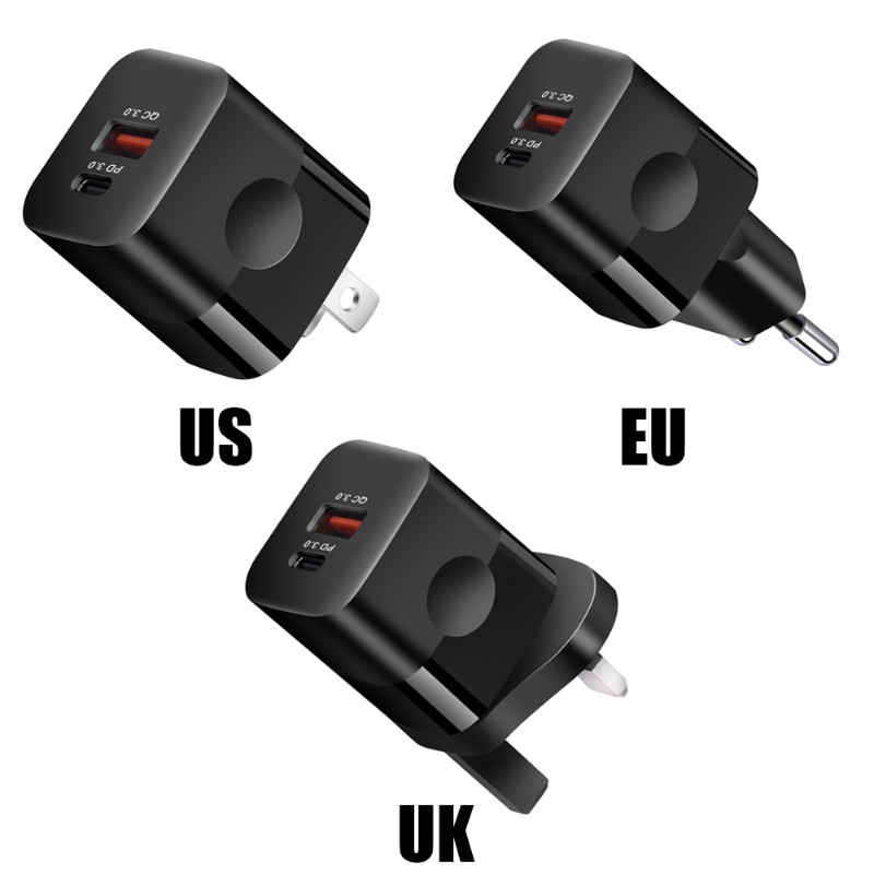 Προσαρμογέας γρήγορου φορτιστή PD 20W QC 3.0 USB Type-C για iPhone Φορτιστές κινητών τηλεφώνων γρήγορης φόρτισης Samsung ΗΠΑ/ΕΕ/ΗΒ Τυπική πρίζα