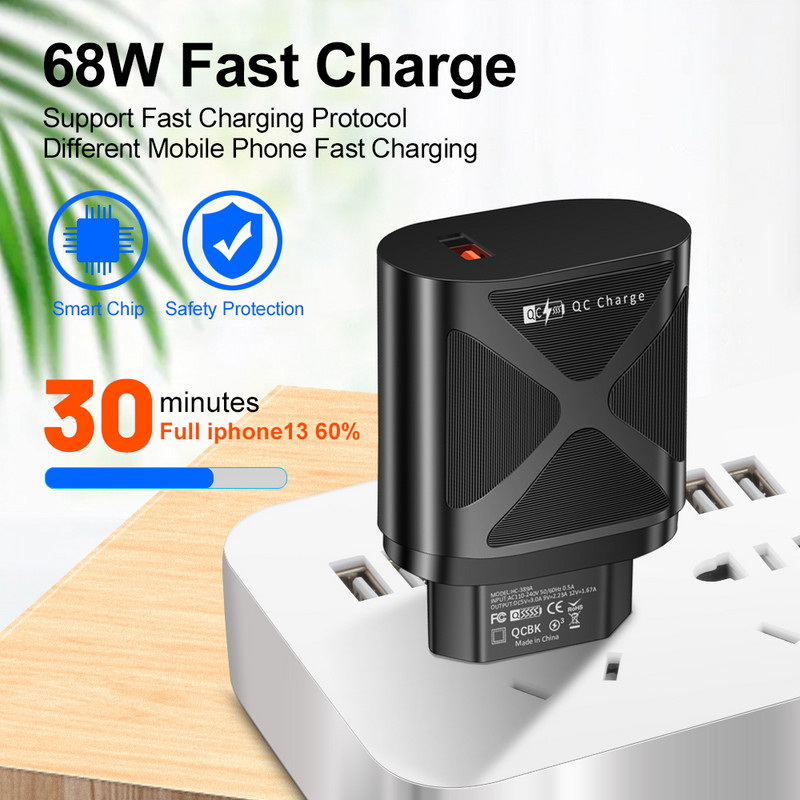 Προσαρμογέας USB 68W 3A EU Plug USB Mobile Phone Wall PD Charger Συσκευή Quick Charge QC 3.0 Mobile Charger Fast Charger for Huawei