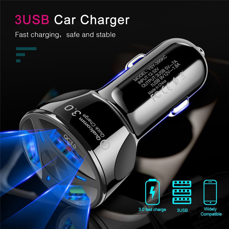 Încărcător auto USB cu 3 porturi QC 3.0 Încărcare rapidă pentru iPhone iPad Xiaomi Huawei Samsung Adaptor încărcător pentru telefon mobil în mașină