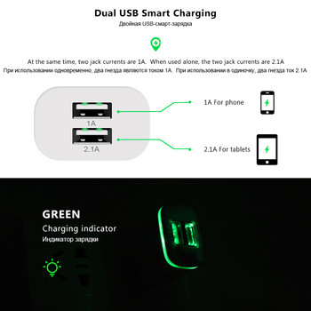 EU Plug 2 порта LED светлина USB зарядно устройство 5V 2A Стенен адаптер Мобилен телефон Микро зареждане на данни за iPhone iPad Samsung 4.8