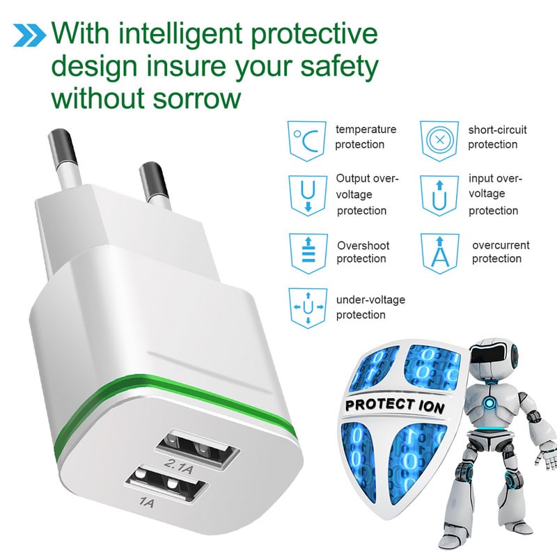 EU Plug 2 Ports LED Light USB laadija 5V 2A seinaadapter Mobiiltelefoni mikroandmete laadimine iPhone iPad Samsung 4.8 jaoks