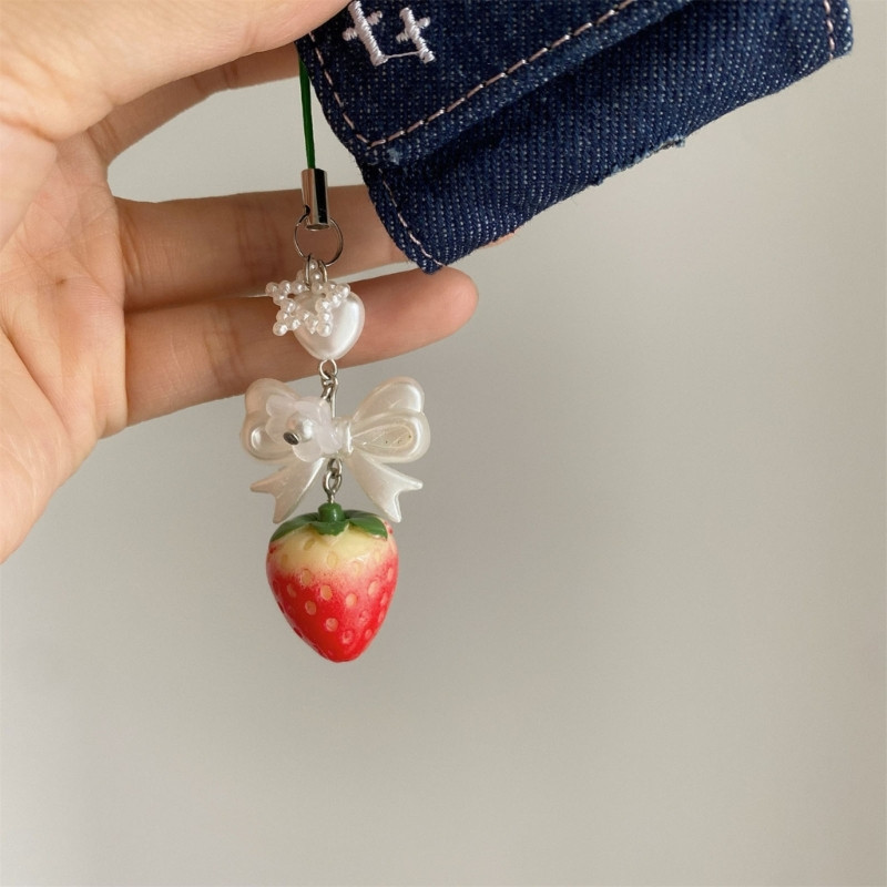 Rankų darbo braškių telefono žavesys Bowknot telefono papuošalai moterims, mergaitėms paauglėms