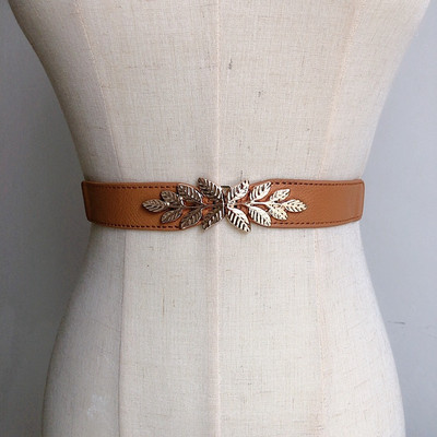 Lapų sagtis juosmens juostos moterims Mergaitėms Madingi aukso lydinio lapai Ploni elastiniai diržai suknelei Džinsai Moteriški vakarėlio aksesuarai Dovanos