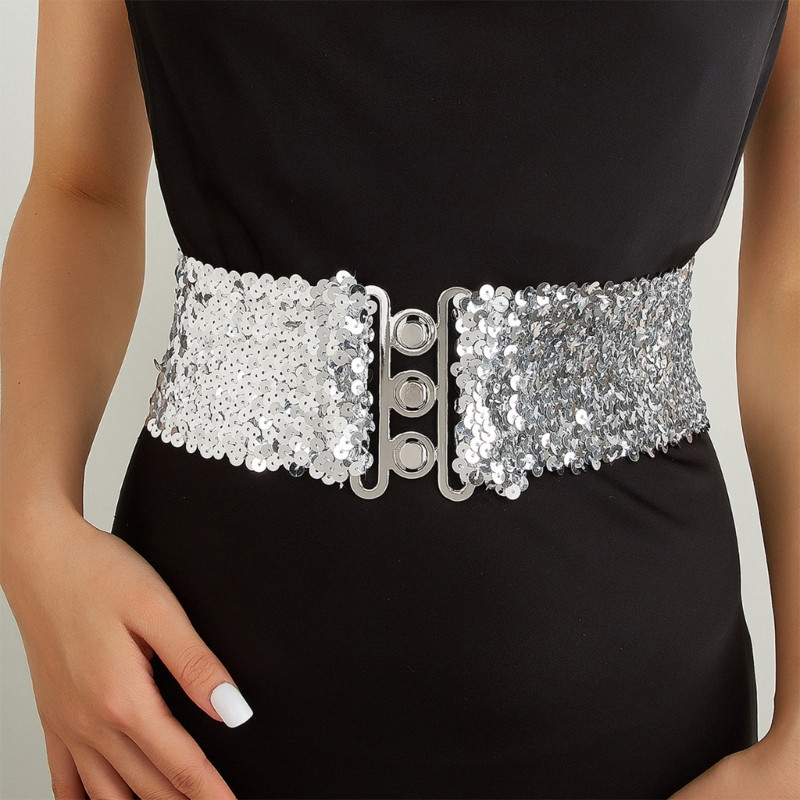 Arany ezüst színű öv Cool punk csillogó flitterek rugalmas sztreccs széles derékpánt női ruha deréköv ékszer kiegészítők