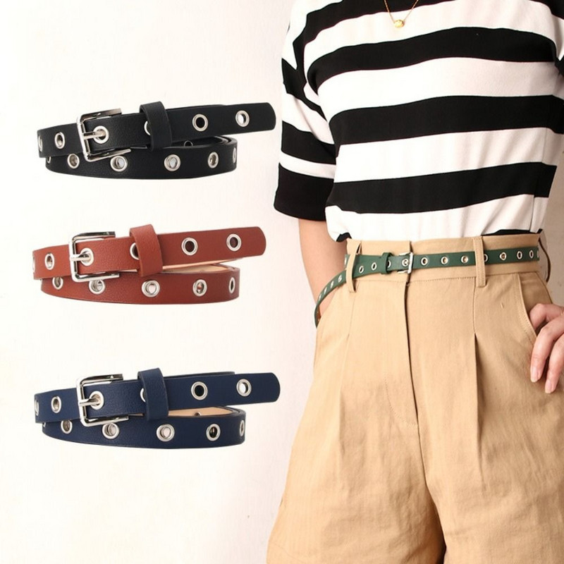 Vintage Grommet Eyelet Punk PU Ζώνη για Γυναικεία Τρύπες Κοίλη δερμάτινη ζώνη μέσης με πόρπη από κράμα Θηλυκές λεπτές ζώνες μέσης