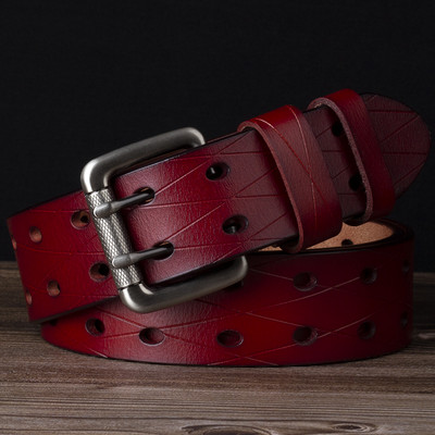 Bărbați Piele Dublu Ac Cataramă Classic Tow Row Hole Jeans Belt Cowboy