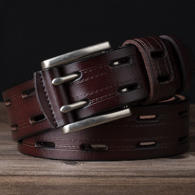 Bărbați Piele Dublu Ac Cataramă Classic Tow Row Hole Jeans Belt Cowboy