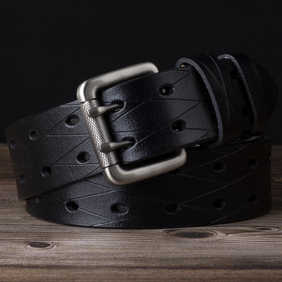 Bărbați Piele Dublu Ac Cataramă Classic Tow Row Hole Jeans Belt Cowboy