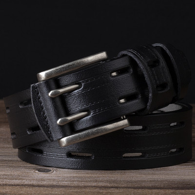 Bărbați Piele Dublu Ac Cataramă Classic Tow Row Hole Jeans Belt Cowboy