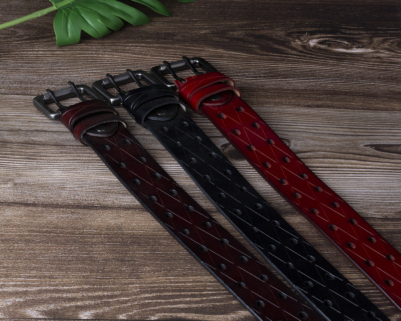 Bărbați Piele Dublu Ac Cataramă Classic Tow Row Hole Jeans Belt Cowboy