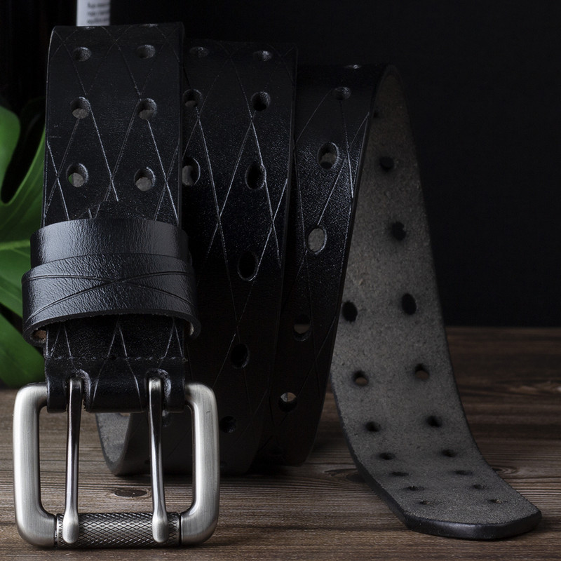 Bărbați Piele Dublu Ac Cataramă Classic Tow Row Hole Jeans Belt Cowboy