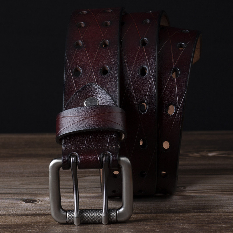 Bărbați Piele Dublu Ac Cataramă Classic Tow Row Hole Jeans Belt Cowboy