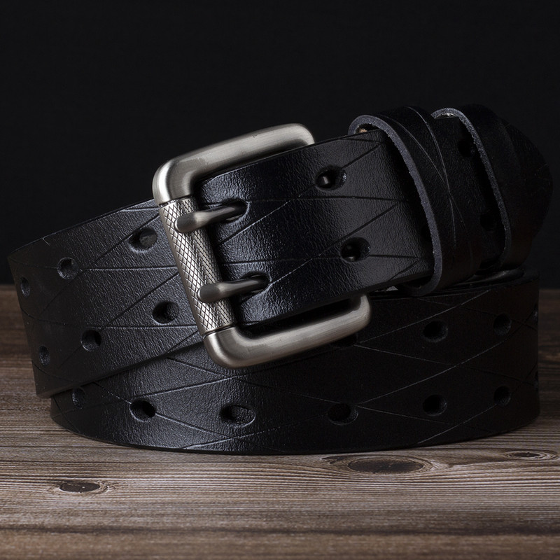 Bărbați Piele Dublu Ac Cataramă Classic Tow Row Hole Jeans Belt Cowboy