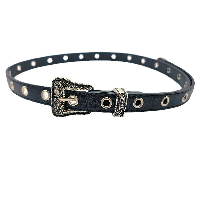 Γυναικεία ζώνη PU μαύρη σκαλιστή πόρπη χωρίς διάτρηση, ρυθμιζόμενη περιστασιακή ζώνη, αξεσουάρ ανδρικών τζιν ζώνης μόδας 105cm