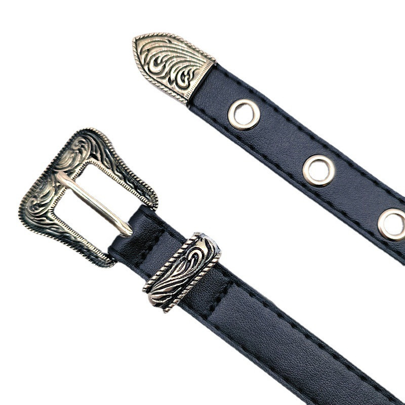 Γυναικεία ζώνη PU μαύρη σκαλιστή πόρπη χωρίς διάτρηση, ρυθμιζόμενη περιστασιακή ζώνη, αξεσουάρ ανδρικών τζιν ζώνης μόδας 105cm