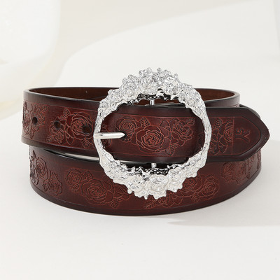 PU odos kavos spalvos moteriškas retro rūmų stiliaus raižytas sagties reljefinis diržas su porėtais reguliuojamais džinsais Vyriškas diržas 112cm