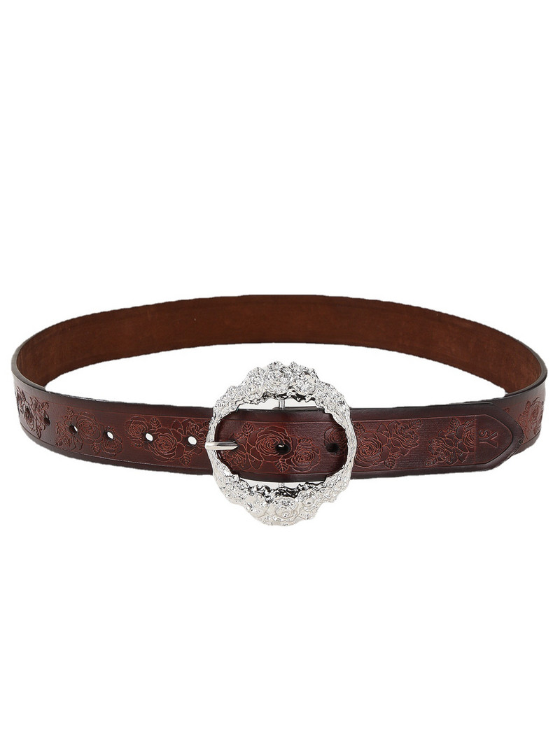 PU odos kavos spalvos moteriškas retro rūmų stiliaus raižytas sagties reljefinis diržas su porėtais reguliuojamais džinsais Vyriškas diržas 112cm