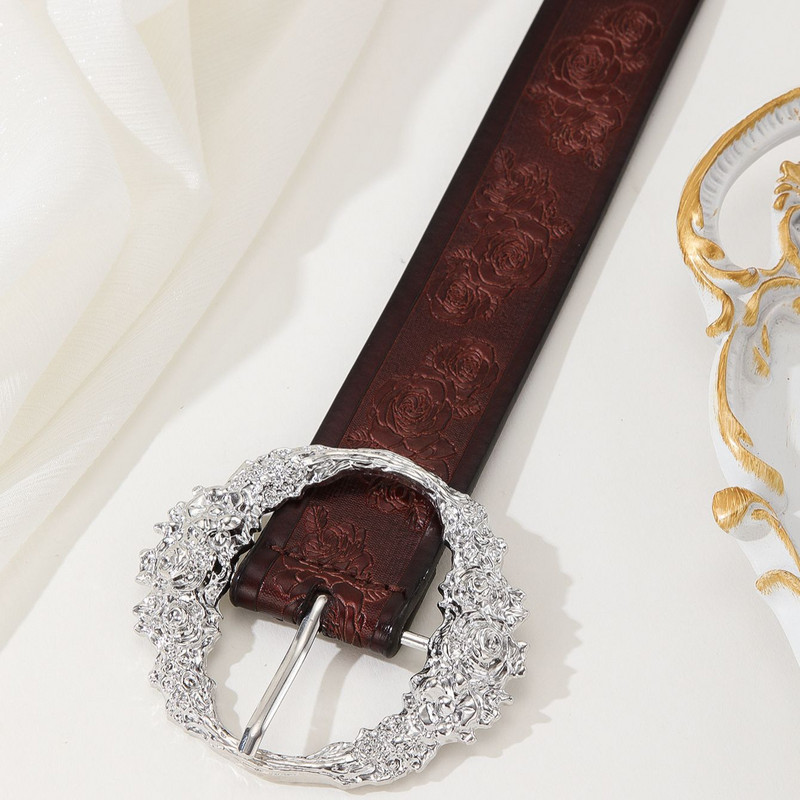 PU odos kavos spalvos moteriškas retro rūmų stiliaus raižytas sagties reljefinis diržas su porėtais reguliuojamais džinsais Vyriškas diržas 112cm