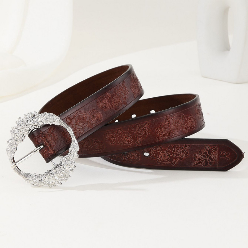 PU odos kavos spalvos moteriškas retro rūmų stiliaus raižytas sagties reljefinis diržas su porėtais reguliuojamais džinsais Vyriškas diržas 112cm