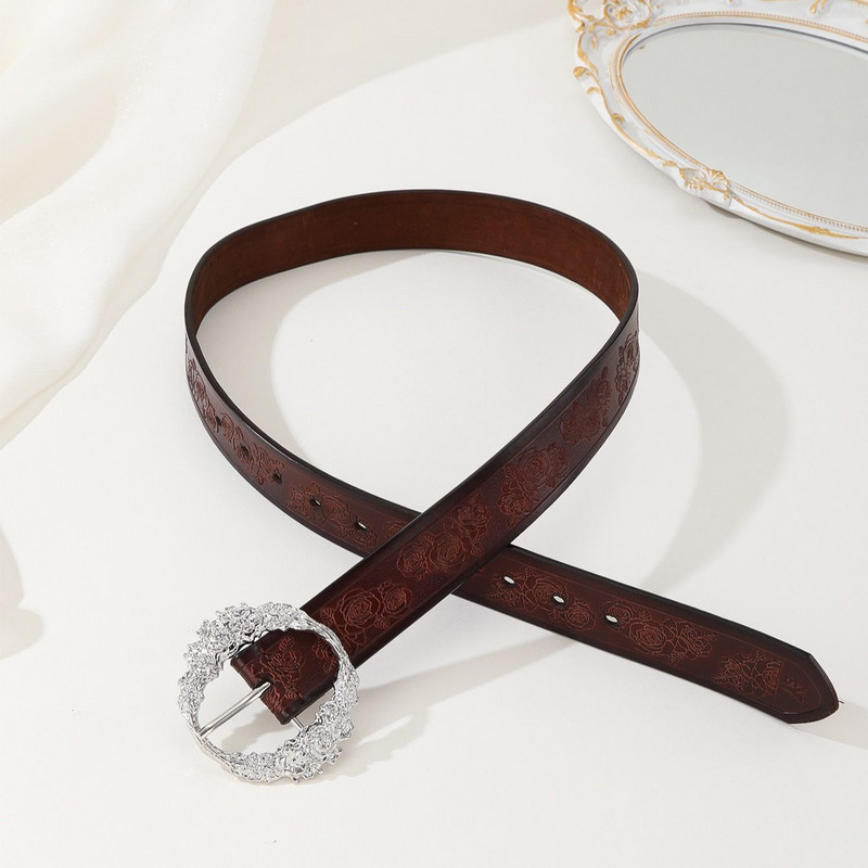 PU odos kavos spalvos moteriškas retro rūmų stiliaus raižytas sagties reljefinis diržas su porėtais reguliuojamais džinsais Vyriškas diržas 112cm