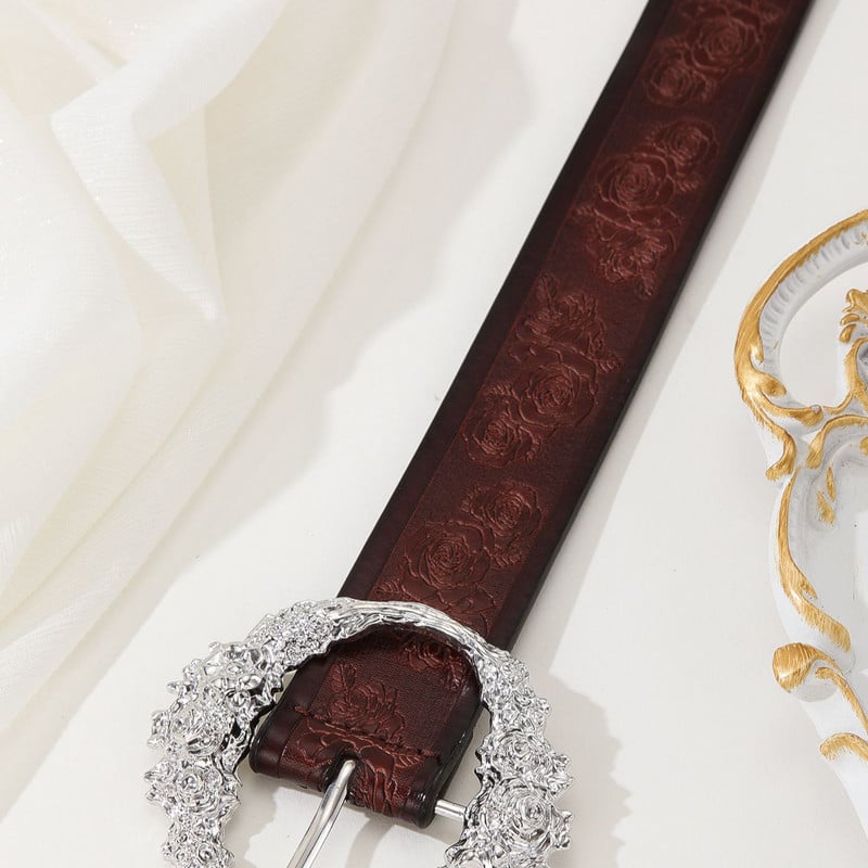 PU odos kavos spalvos moteriškas retro rūmų stiliaus raižytas sagties reljefinis diržas su porėtais reguliuojamais džinsais Vyriškas diržas 112cm