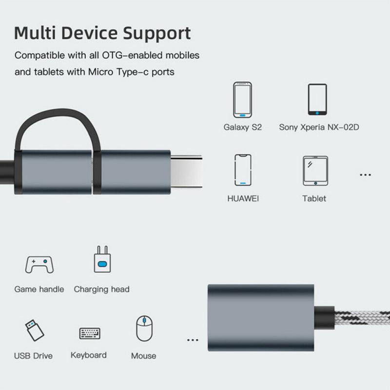 Καλώδιο προσαρμογέα 2 σε 1 OTG Nylon Braid USB 3.0 σε Micro USB Type C Προσαρμογέας συγχρονισμού δεδομένων για Huawei για MacBook U Disk Type-C OTG