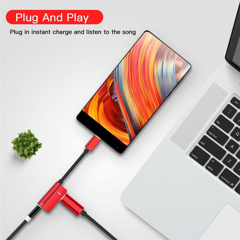 2 viename USB C iki 3,5 mm ausinių įkroviklio skirstytuvo C tipo adapteris, skirtas Xiaomi Huawei Samsung priedai mobiliesiems telefonams