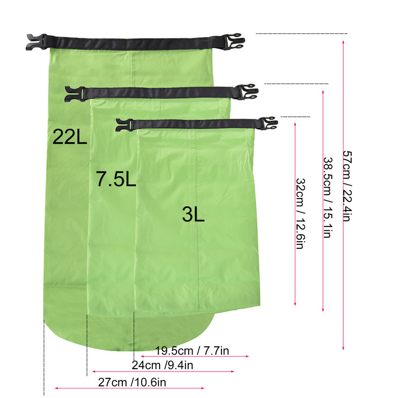 3 csomagos vízálló táska 3 literes 7,5 literes 22 literes kültéri ultrakönnyű tekercses száraz zsákok vállpánttal kempingezéshez, csónakázáshoz, kajakozáshoz
