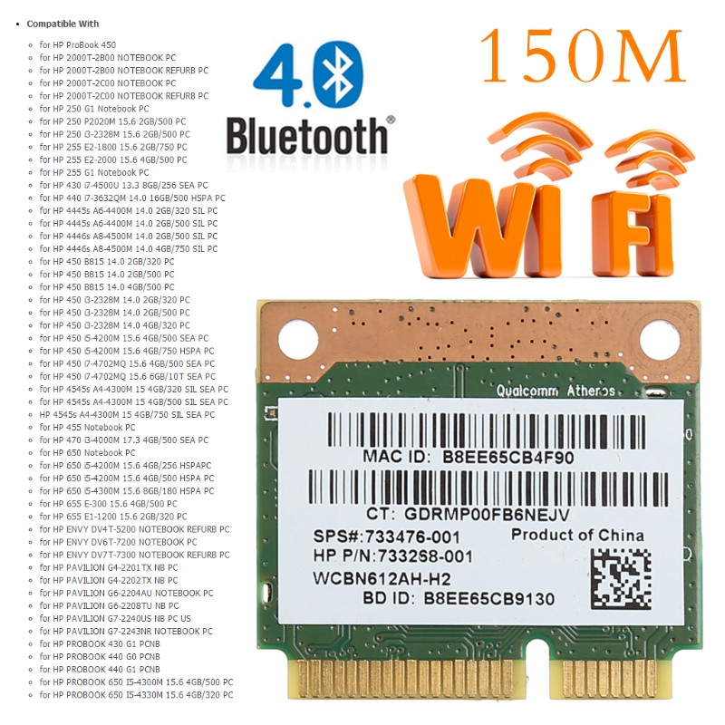 G5AA 802.11b/g/n WiFi ar Bluetooth saderīga bezvadu pusmini PCI-E karte HP Atheros QCWB335 AR9565 690019-001