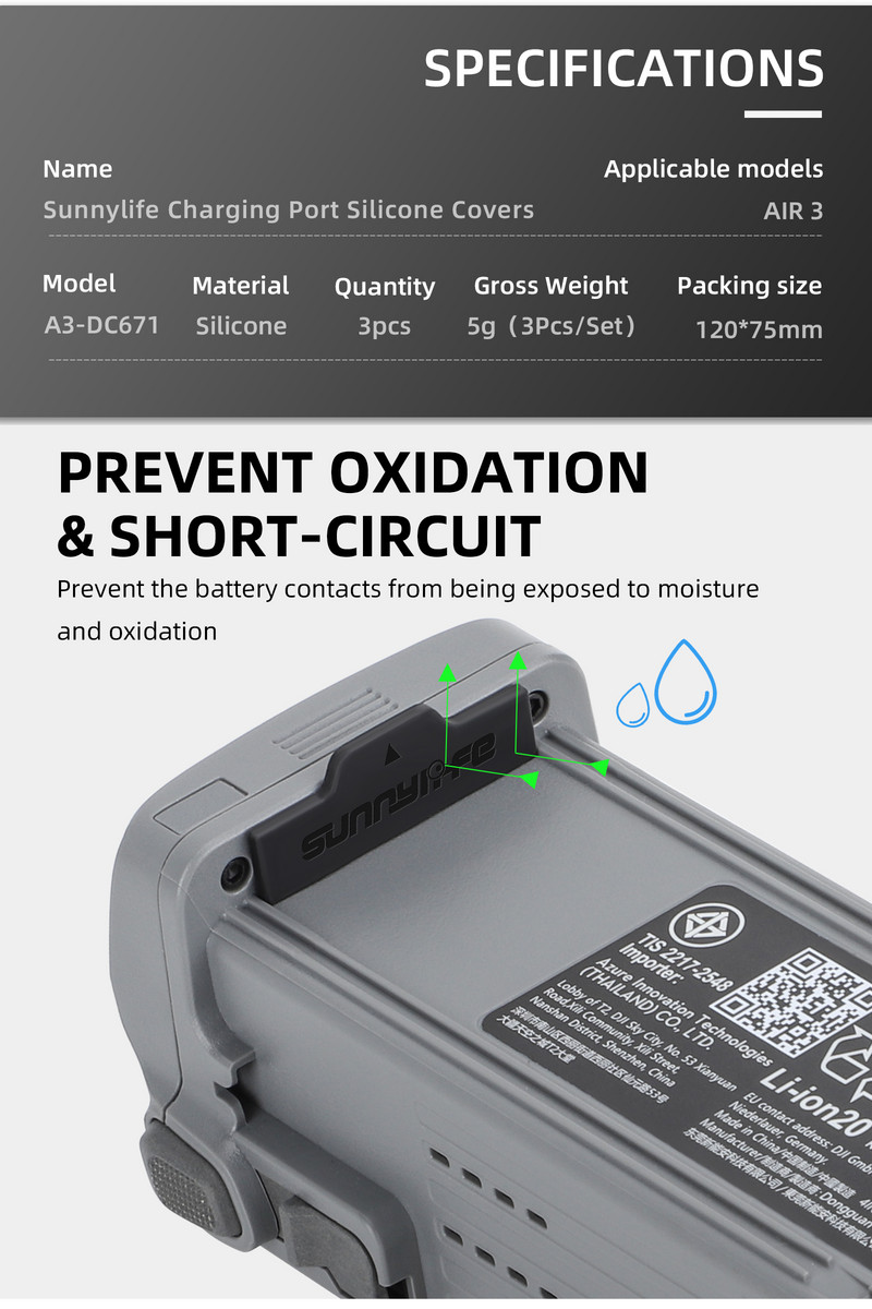 Pentru DJI AIR 3 Capac de praf a bateriei din silicon Accesoriu de protecție împotriva contactelor Capac de protecție a bateriei rezistent la scurtcircuit