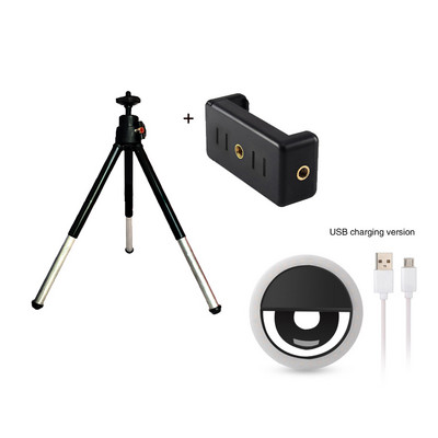 Asztali állvány USB töltéssel Led szelfi gyűrűs lámpa okostelefonhoz Mini állvány mobil fényképezőgép háromlábú állvány mobiltelefon tartó klip