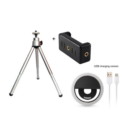 Asztali állvány USB töltéssel Led szelfi gyűrűs lámpa okostelefonhoz Mini állvány mobil fényképezőgép háromlábú állvány mobiltelefon tartó klip