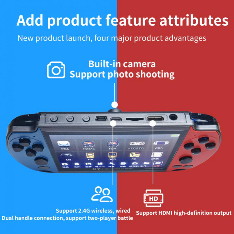 4,3 inča X7+ Retro ručna igraća konzola Dual Joystick Ručna konzola za video igre Ugrađena podrška za 10000+ igara Žičani kontroler