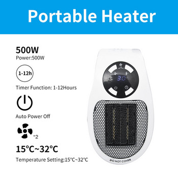 500 W нагревател, електрически нагревател с регулируем термостат и таймер, компактен за домашен офис