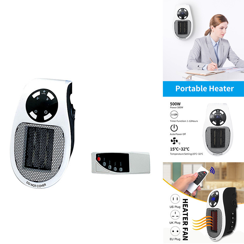 500 W ruumikütteseade, seinakontaktiga elektriline ruumikütteseade reguleeritava termostaadi ja taimeriga kompaktne kontorikodu jaoks