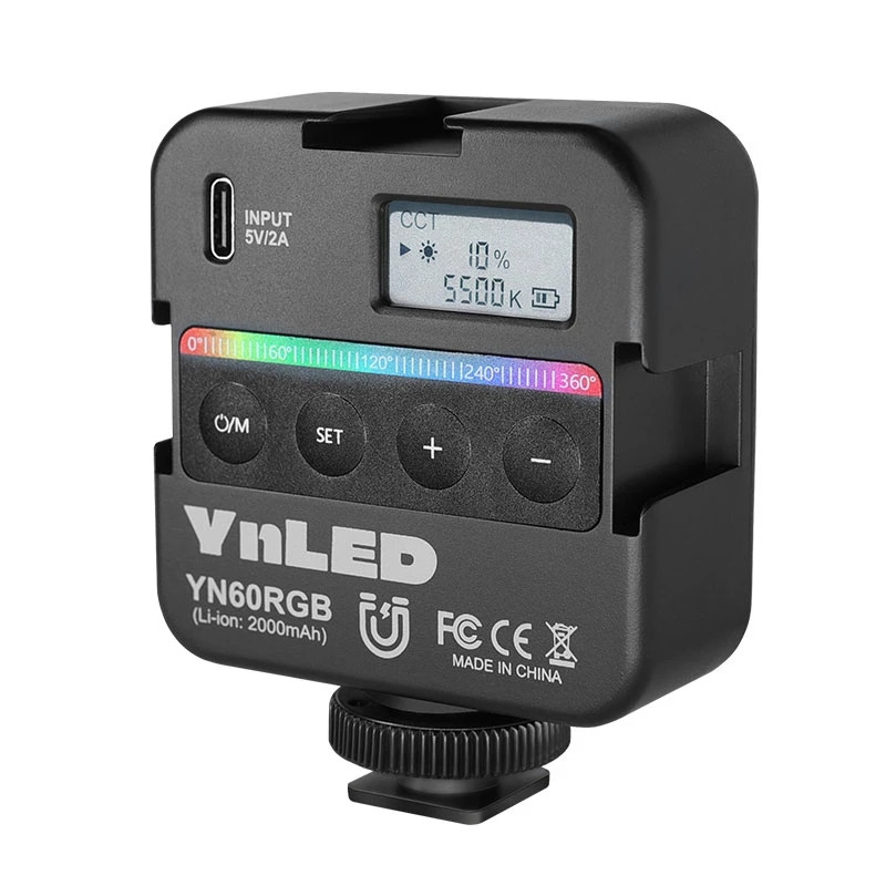 YONGNUO YN60RGB kišeninis RGB vaizdo apšvietimas 2500K-9500K reguliuojamas mažas nešiojamas LED vaizdo užpildymo lemputė su 1/4 varžto šalto bato sėdyne