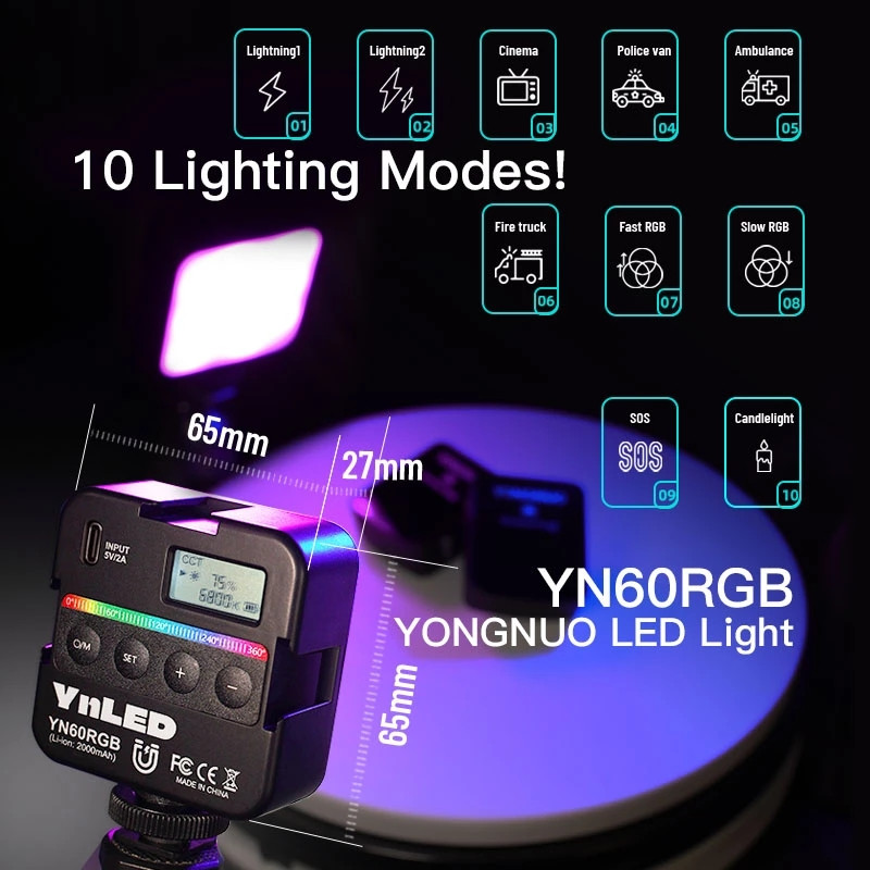 YONGNUO YN60RGB kišeninis RGB vaizdo apšvietimas 2500K-9500K reguliuojamas mažas nešiojamas LED vaizdo užpildymo lemputė su 1/4 varžto šalto bato sėdyne