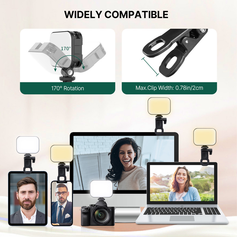Ulanzi VL100X mini-videovalgusti LED-telefoni tahvelarvuti sülearvuti kaamerale selfie täitevalgusti klambriga kuulpeaga 170° reguleeritav külmakinga