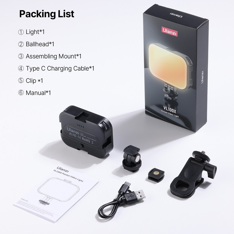 Ulanzi VL100X mini-videovalgusti LED-telefoni tahvelarvuti sülearvuti kaamerale selfie täitevalgusti klambriga kuulpeaga 170° reguleeritav külmakinga