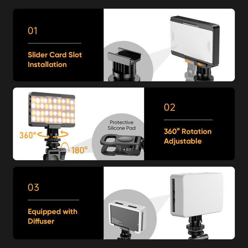 VL40 Led szelfi lámpa puha diffúzorral 360 gömbfejes 2700-6500K betöltőpanel lámpa számítógépes kamera telefon lámpa sminkhez Youtube