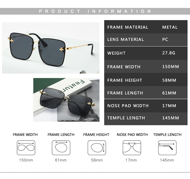 Nauji moteriški dideli akiniai be rėmelių kvadratiniai bičių akiniai nuo saulės moteriški prekės ženklo mados maži bičių gradientiniai akiniai nuo saulės moteriški UV400