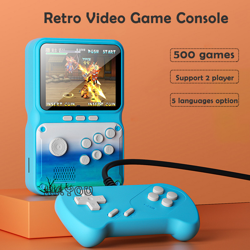 Nešiojama žaidimų konsolė Mini retro vaizdo žaidimų grotuvai Integruojami 500 žaidimų 3 colių HD ekranas AV išvestis nešiojama vaizdo žaidimų konsolė
