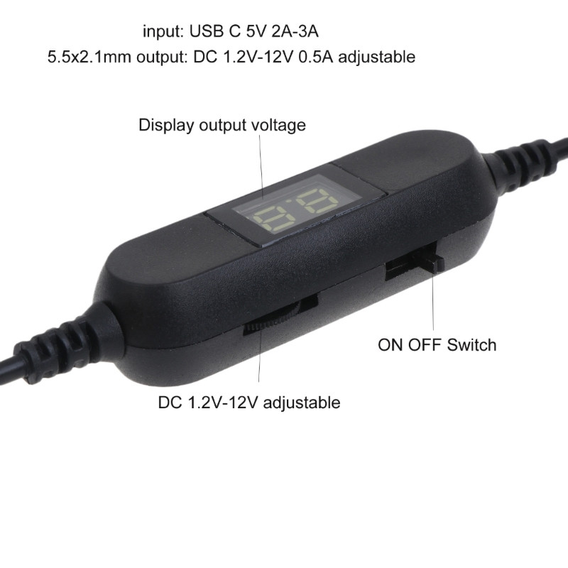 C-tüüpi USB C 5 V kuni 1,2 V 3 V 4,5 V 6 V 7,5 V 9 V 12 V 2,5 mm/3,5 mm/4,0 mm/5,5 mm Reguleeritava pingega kaabel Samm-üles-alla muunduri juhe