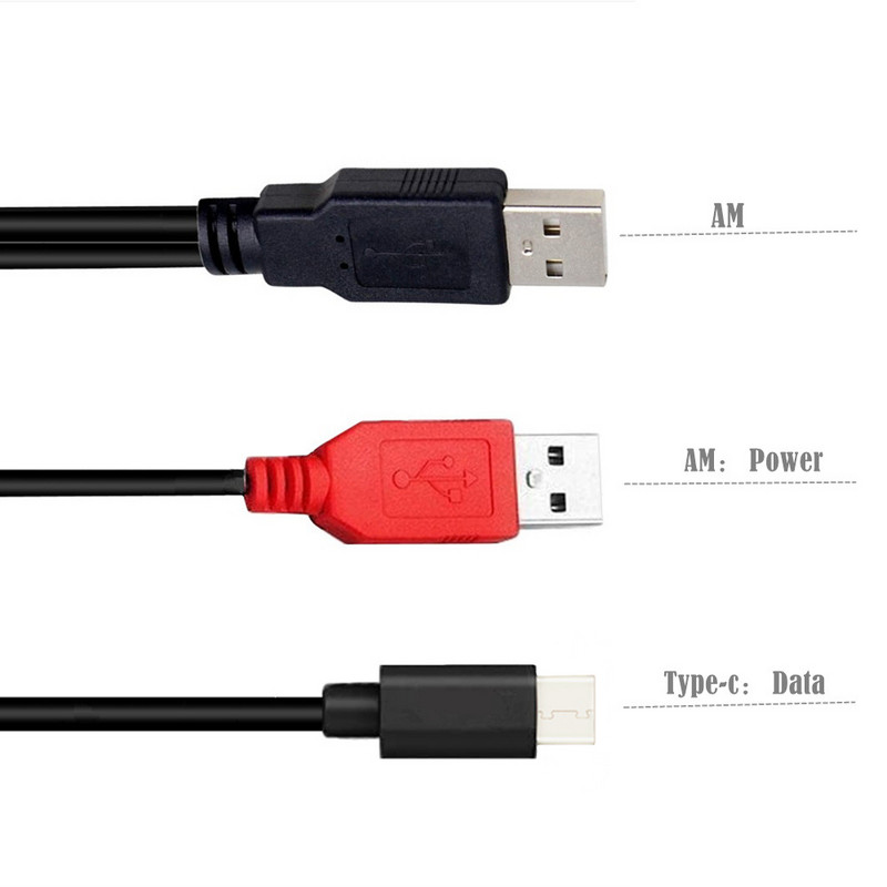 USB Type-C Power Data Male & USB 2.0 Dual Power USB-C Type-C Y 2 az 1-ben Kábel laptophoz és merevlemezhez 80 cm fekete